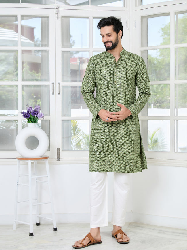 Men Green Embroidered Straight Kurta