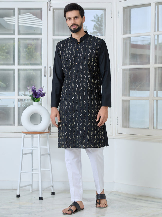 Men Black Ethnic Motifs Embroidered Sequinned Mandarin Collar Straight Kurta
