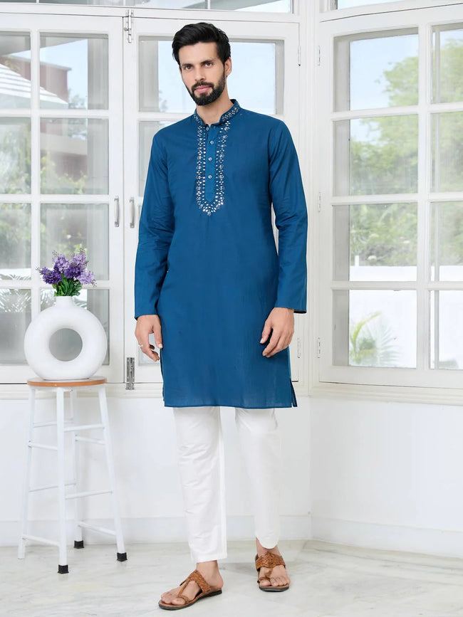 Men Blue Mirror Worked Cotton Straight Kurta