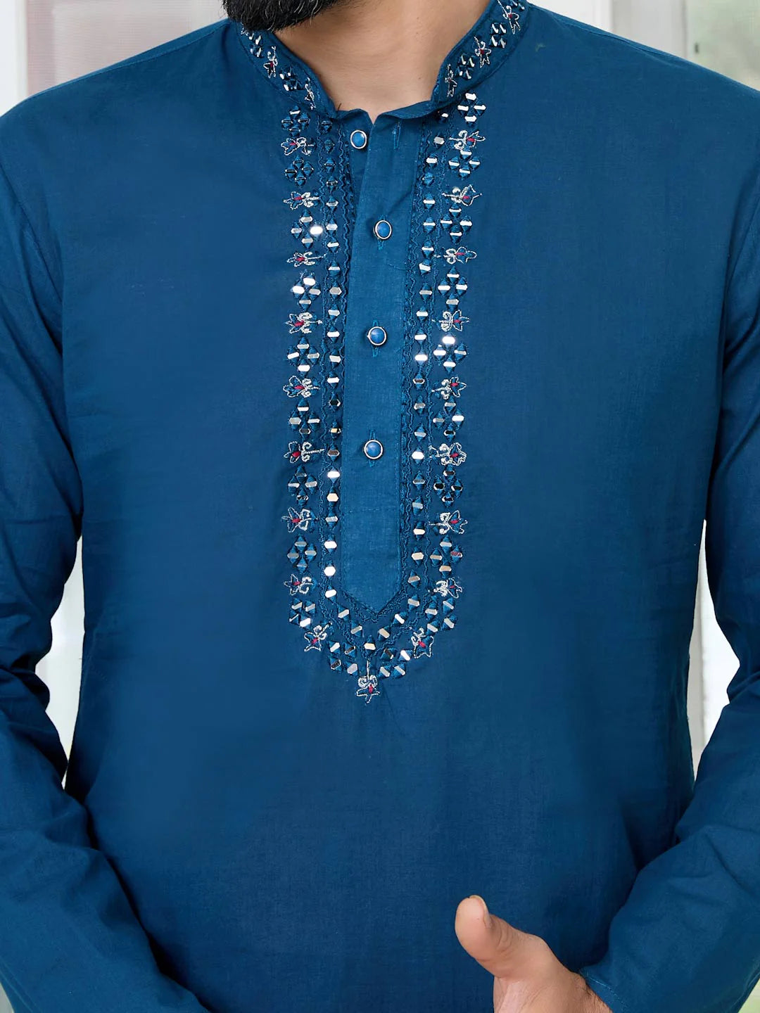 Men Blue Mirror Worked Cotton Straight Kurta