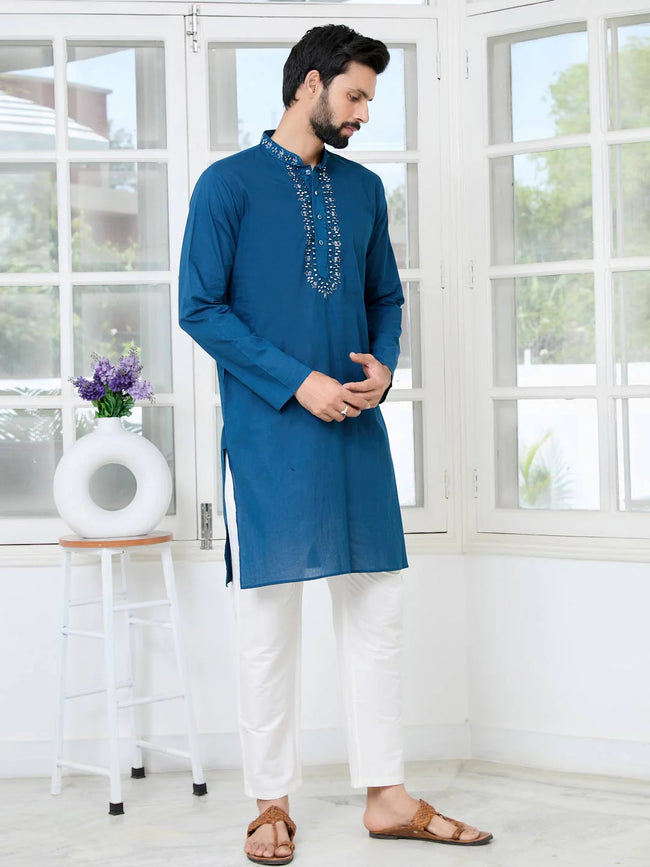 Men Blue Mirror Worked Cotton Straight Kurta