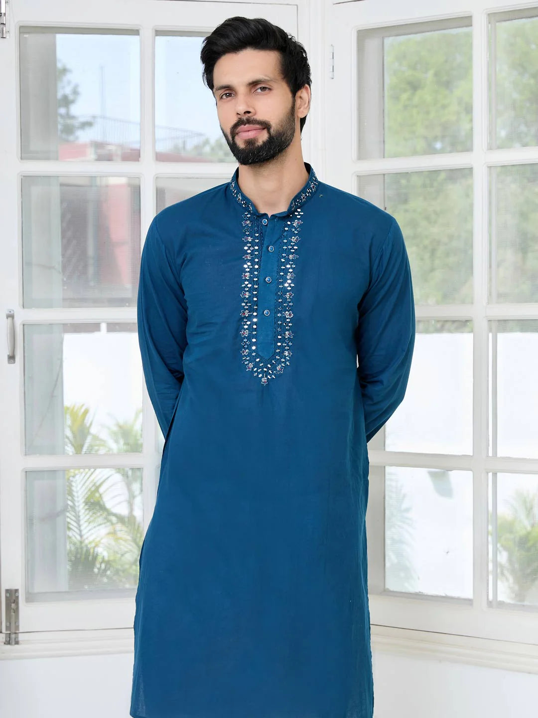 Men Blue Mirror Worked Cotton Straight Kurta