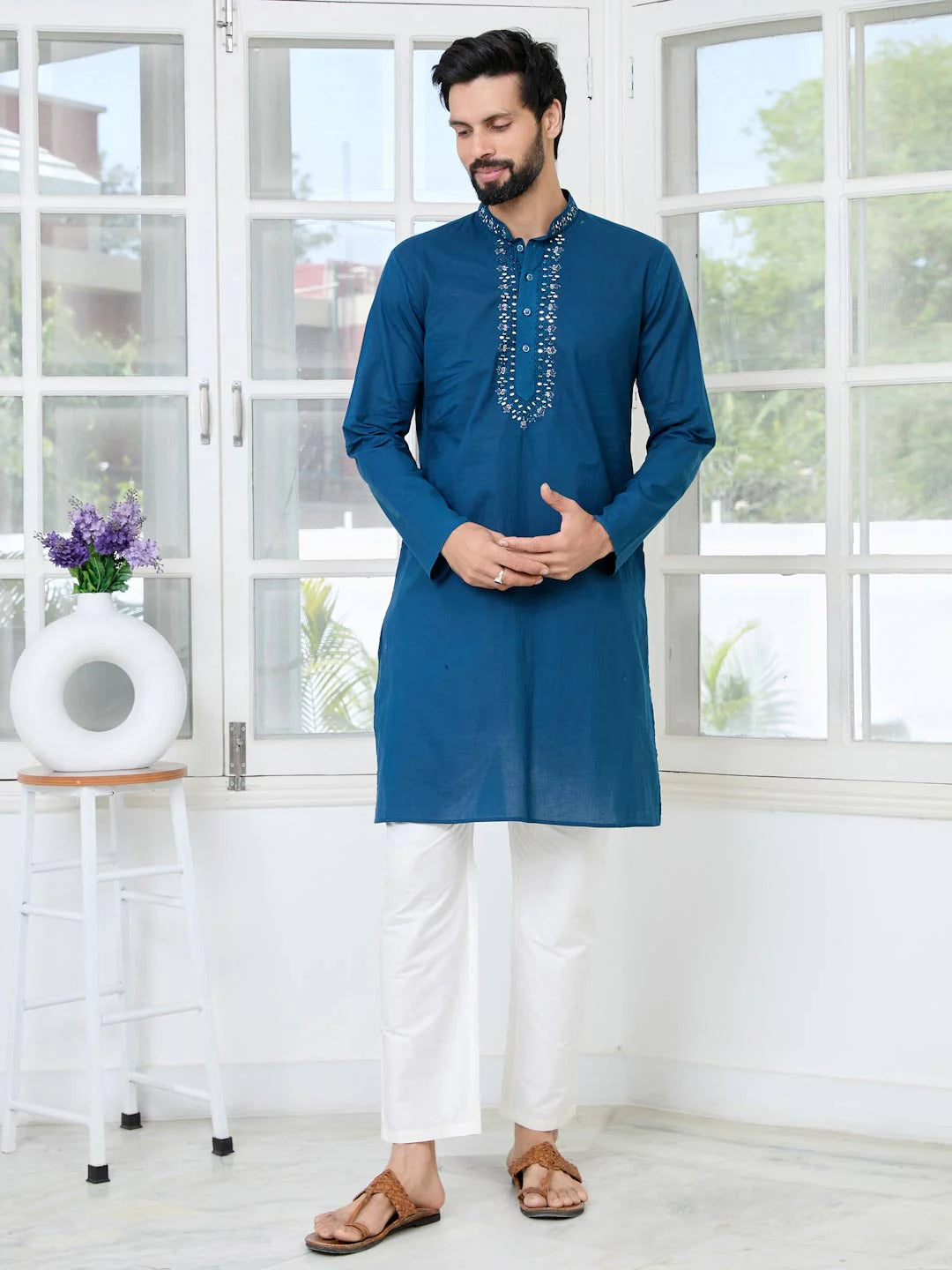 Men Blue Mirror Worked Cotton Straight Kurta