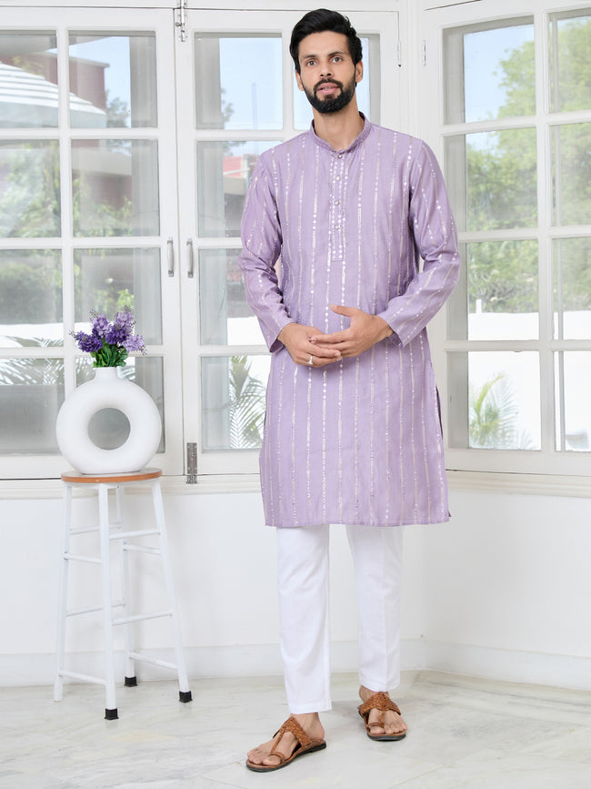 Men Lavender Sequins Embroidered Kurta