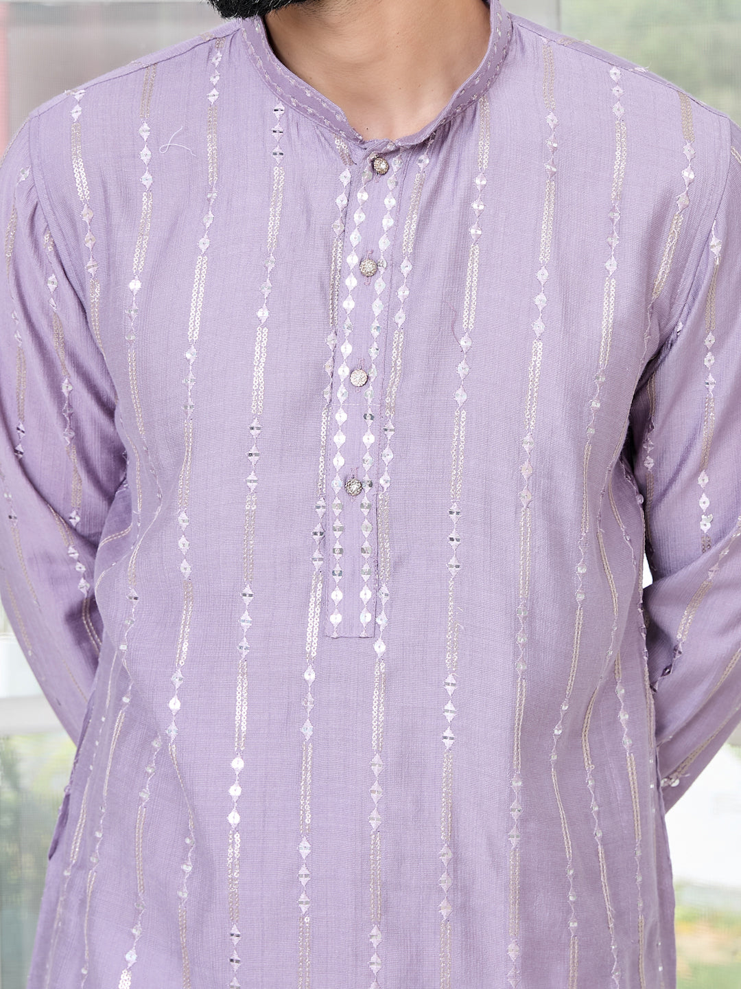 Men Lavender Sequins Embroidered Kurta