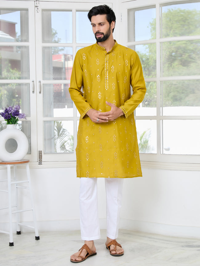 Men Mustard Sequins Embroidered Kurta