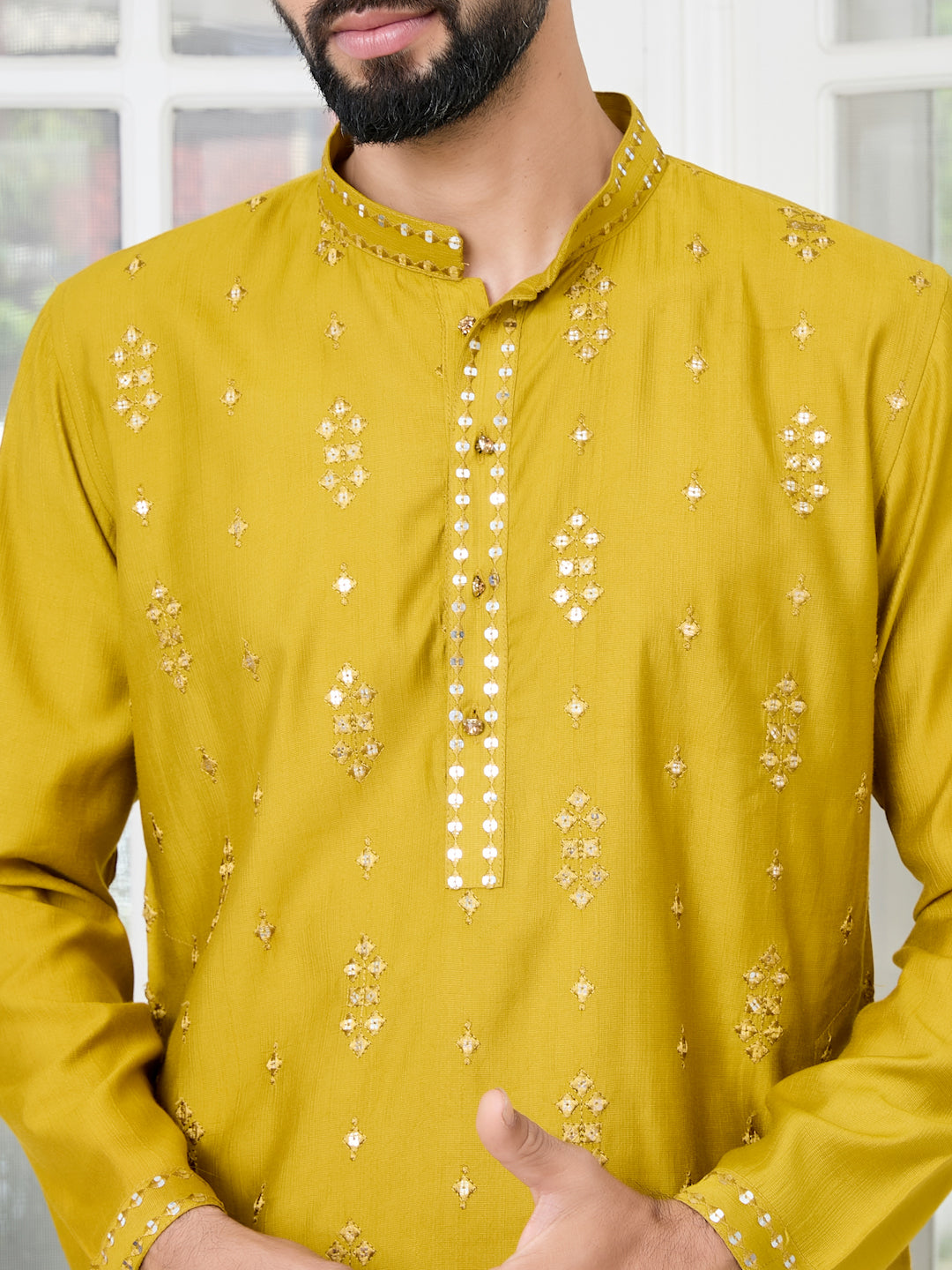 Men Mustard Sequins Embroidered Kurta