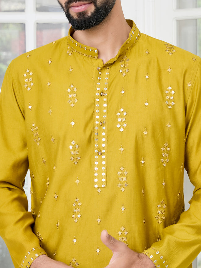 Men Mustard Sequins Embroidered Kurta