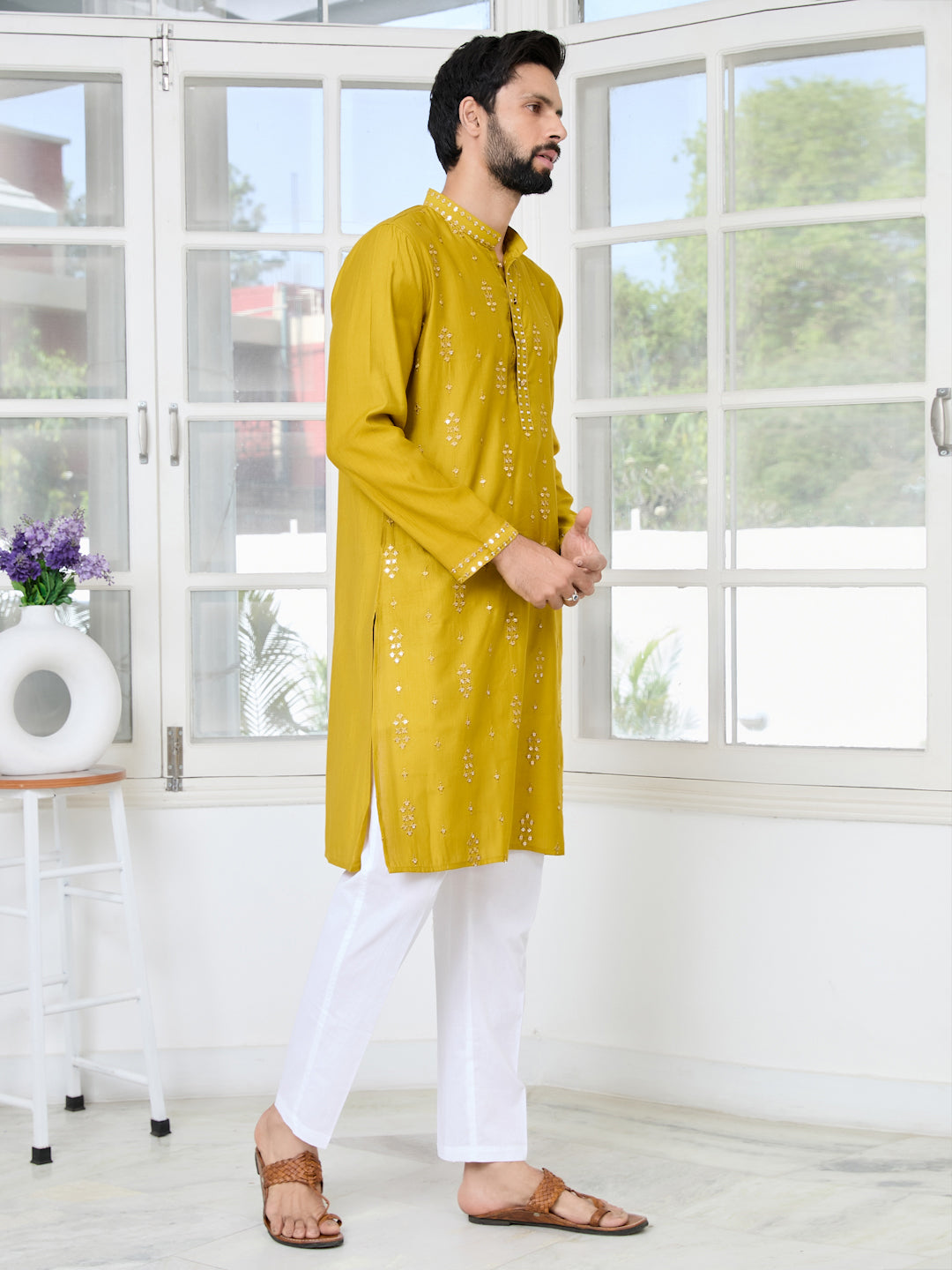 Men Mustard Sequins Embroidered Kurta
