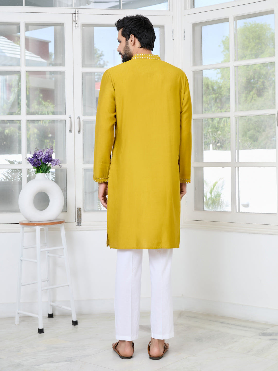 Men Mustard Sequins Embroidered Kurta