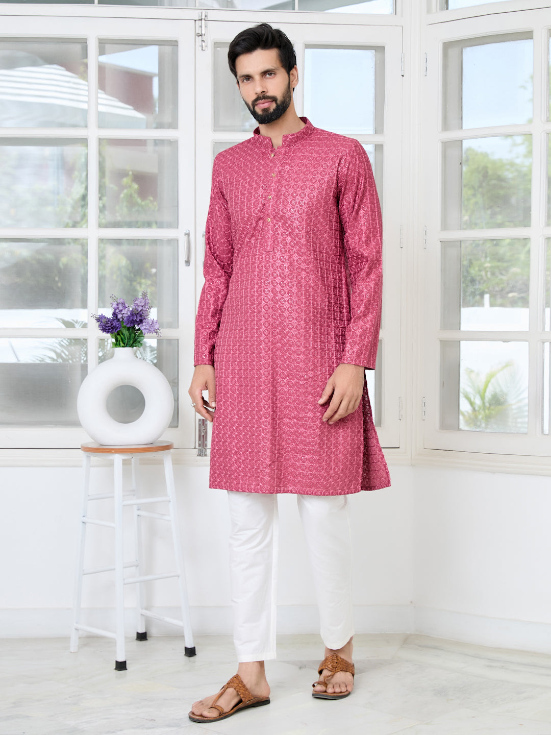 Men Red Green Thread Embroidered Kurta