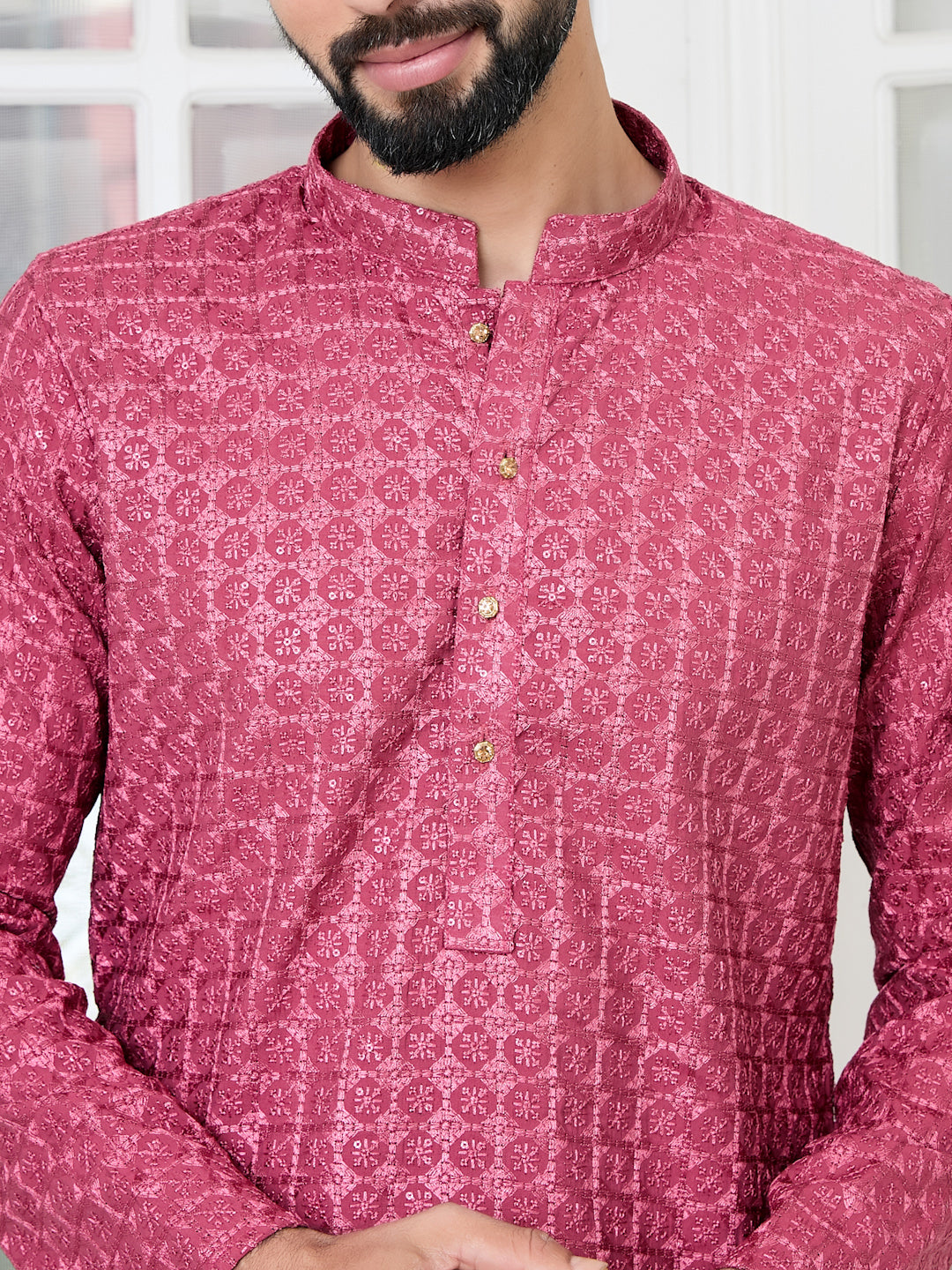 Men Red Green Thread Embroidered Kurta