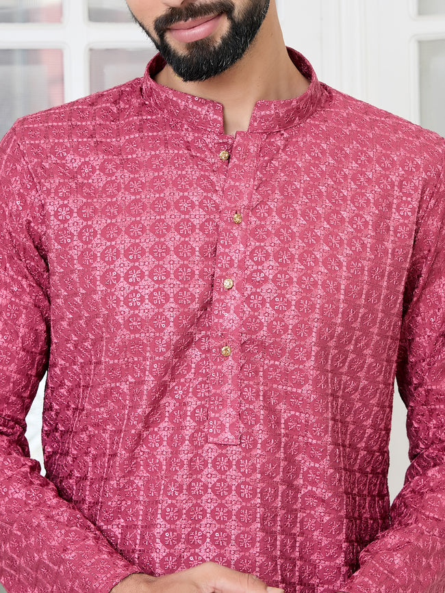 Men Red Green Thread Embroidered Kurta