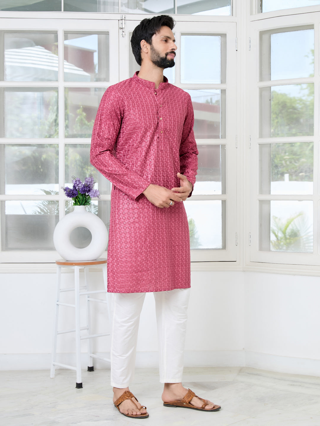 Men Red Green Thread Embroidered Kurta