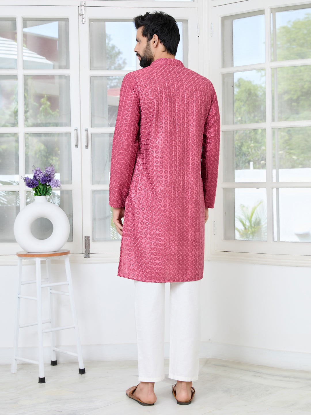 Men Red Green Thread Embroidered Kurta
