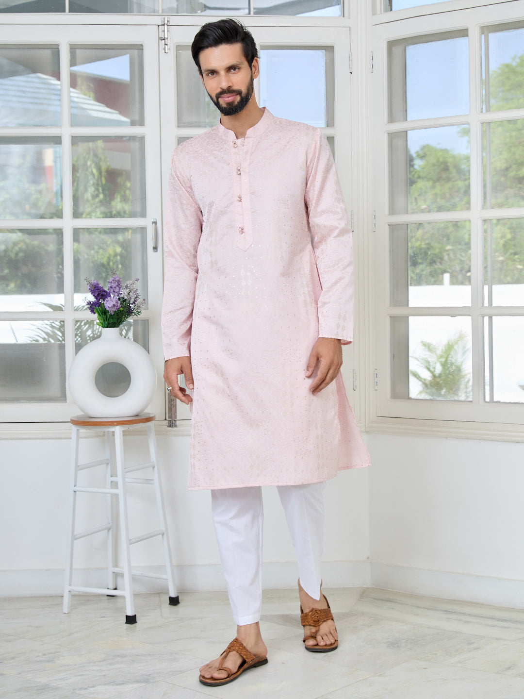Men Pink Embossed and Foil Kurta