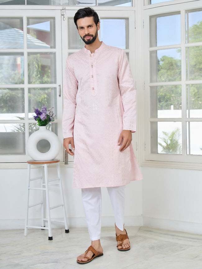Men Pink Embossed and Foil Kurta