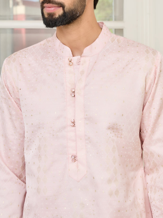 Men Pink Embossed and Foil Kurta