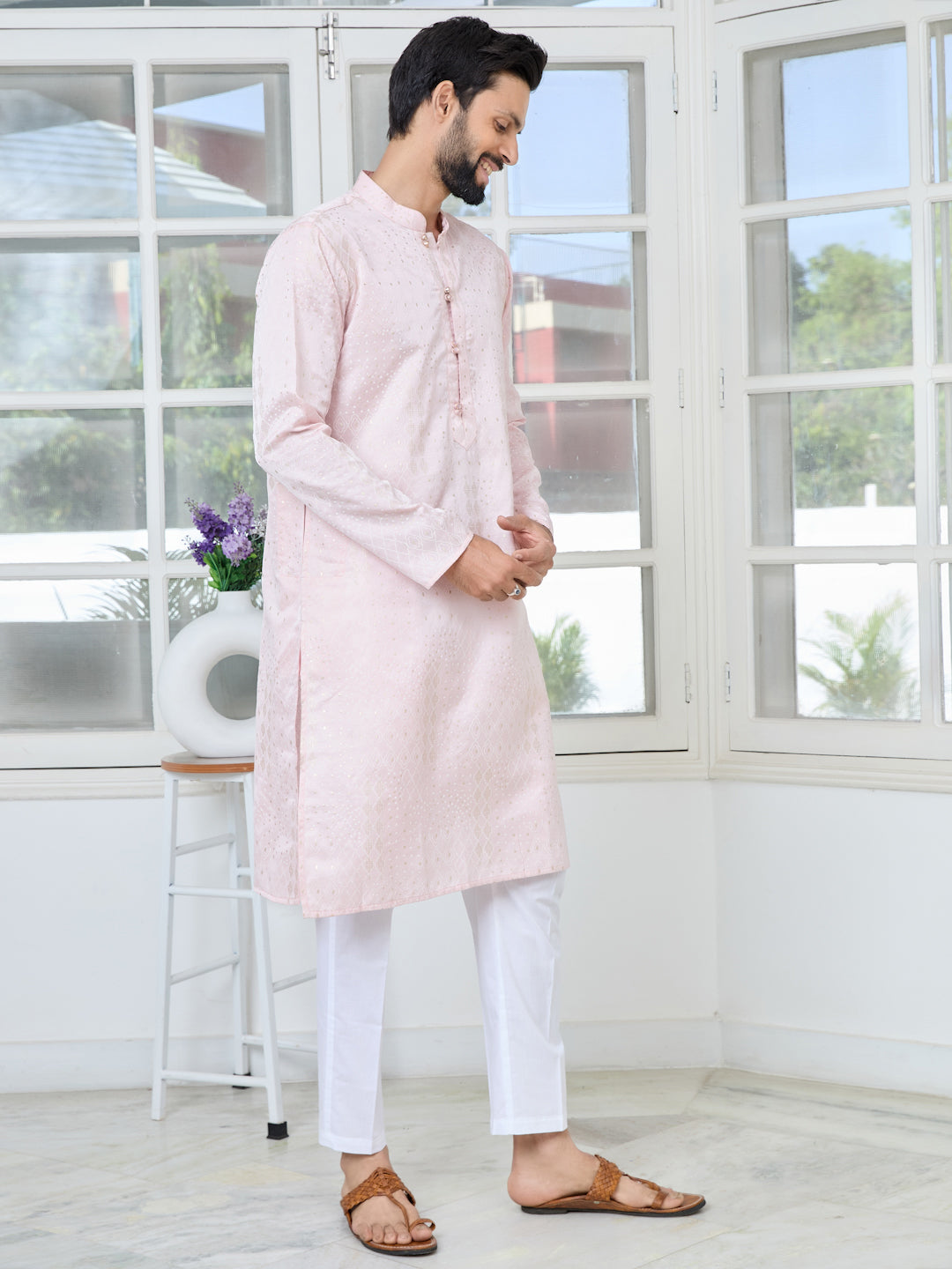 Men Pink Embossed and Foil Kurta