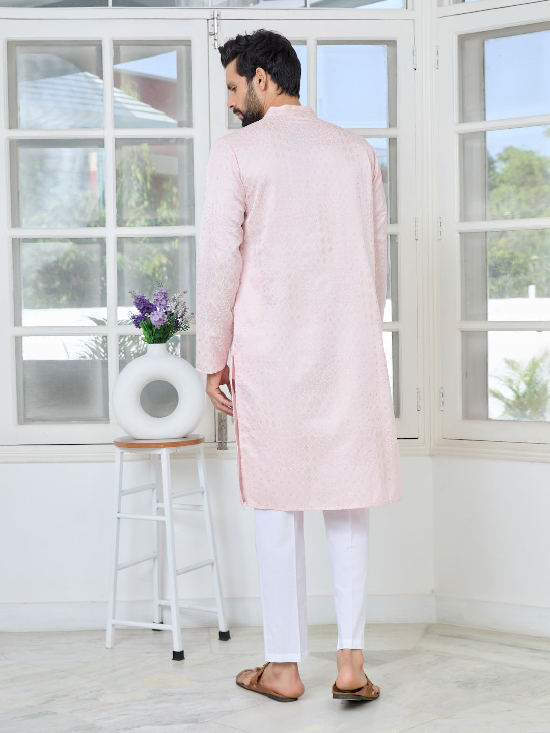 Men Pink Embossed and Foil Kurta