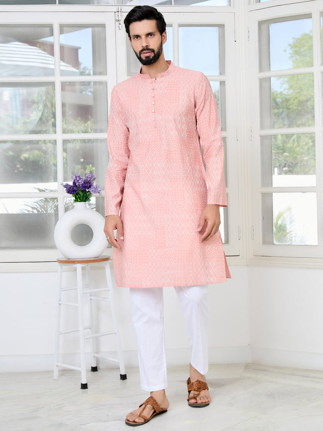 Men Peach Embossed and Foil Kurta