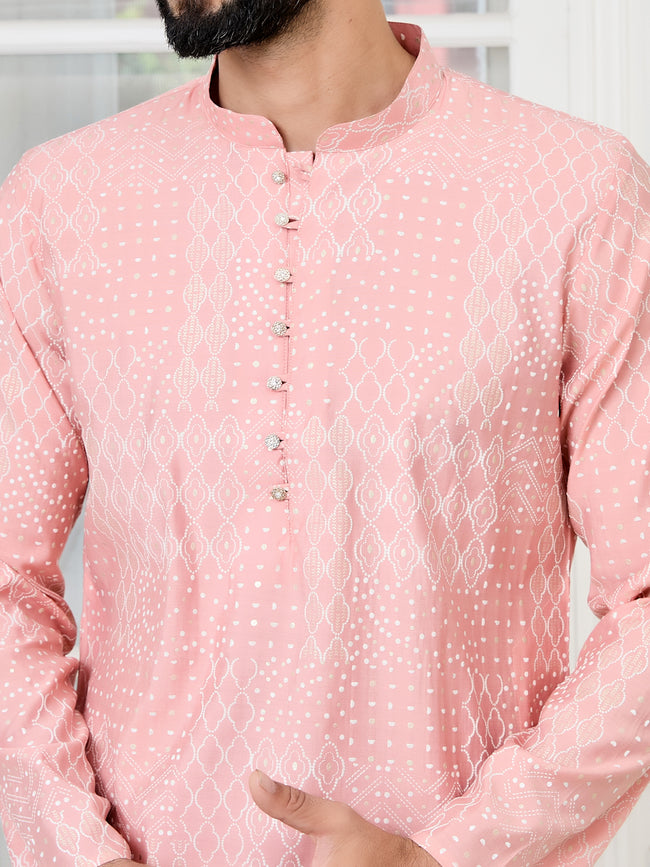 Men Peach Embossed and Foil Kurta