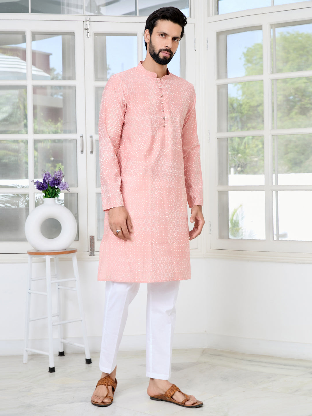 Men Peach Embossed and Foil Kurta