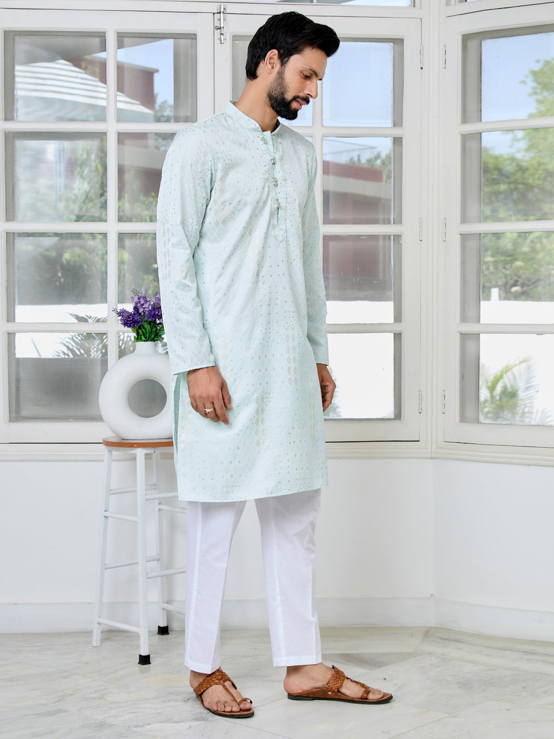 Men Sea Embossed and Foil Kurta