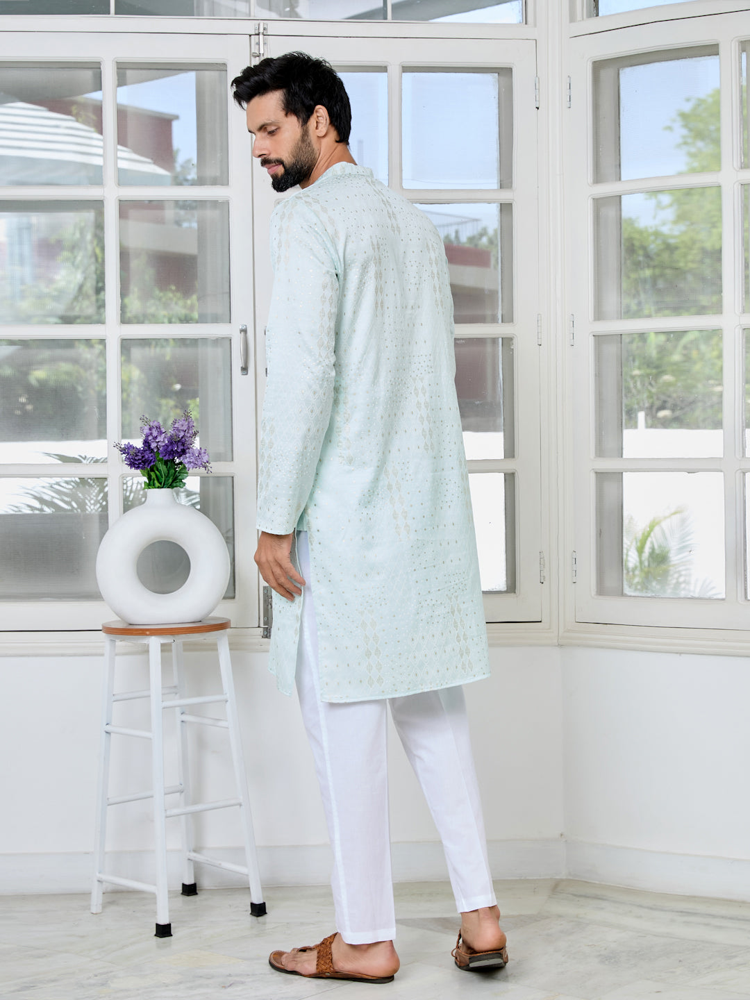 Men Sea Embossed and Foil Kurta