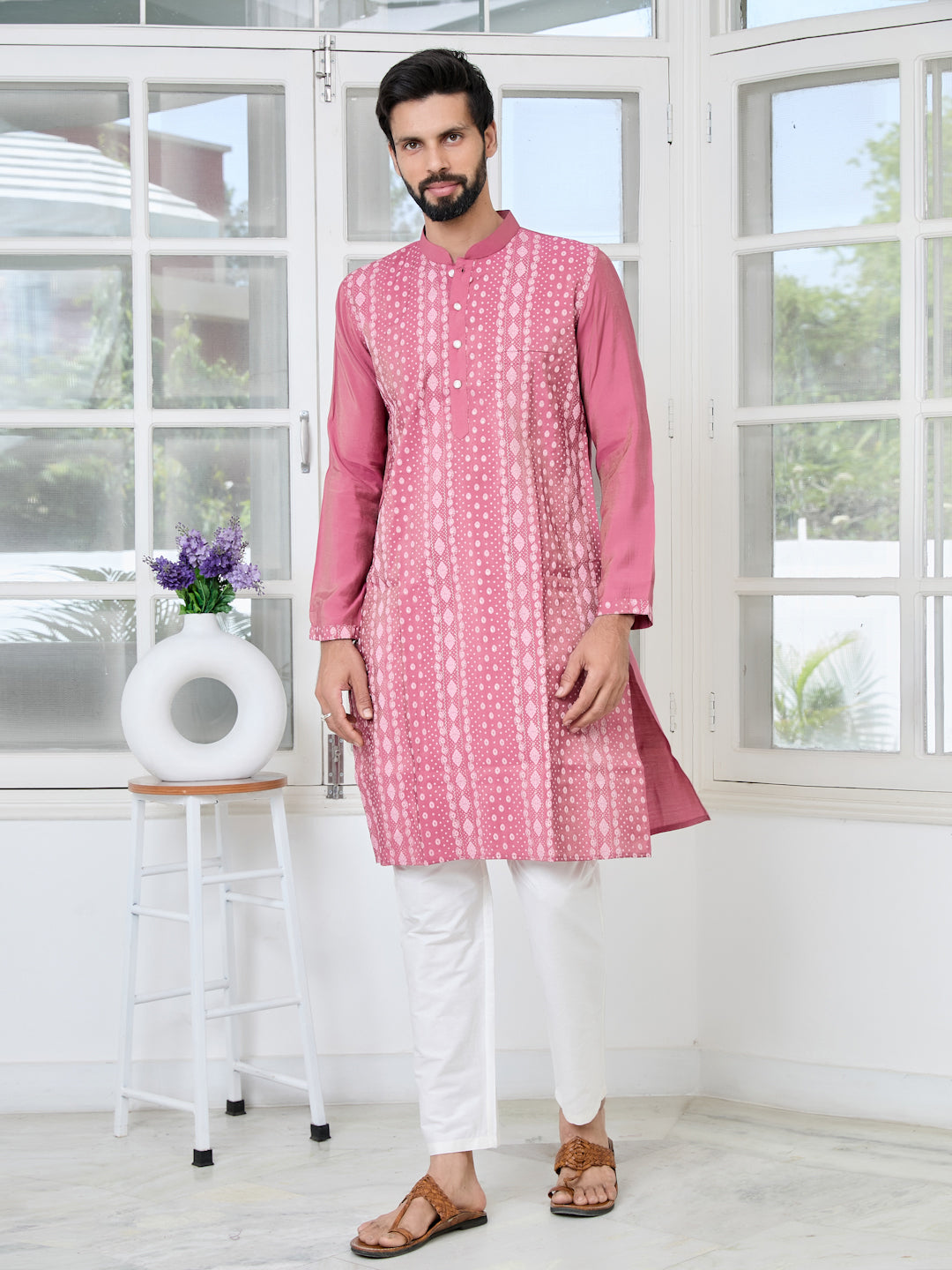 Men Plum Embossed and Foil Kurta