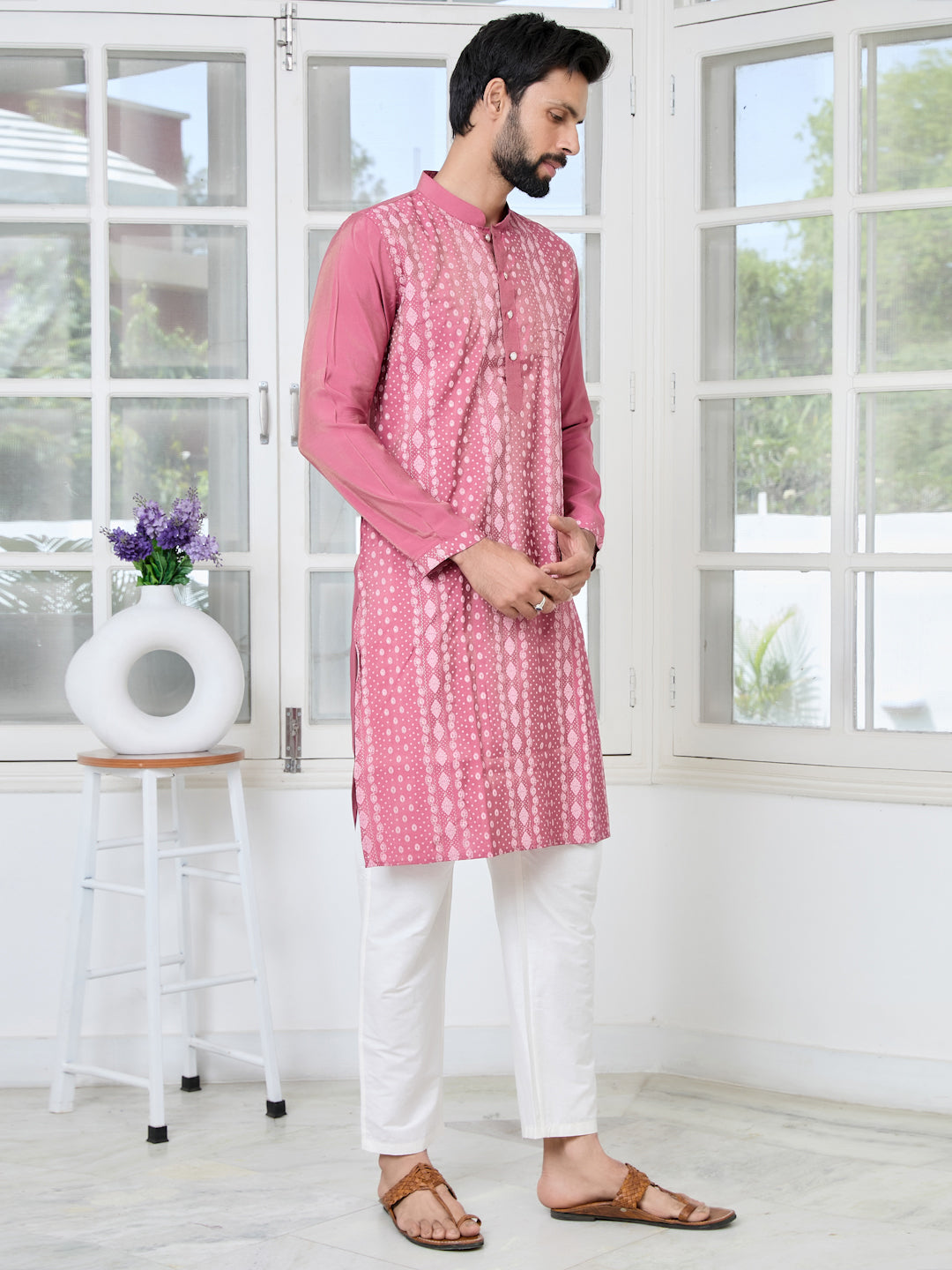 Men Plum Embossed and Foil Kurta