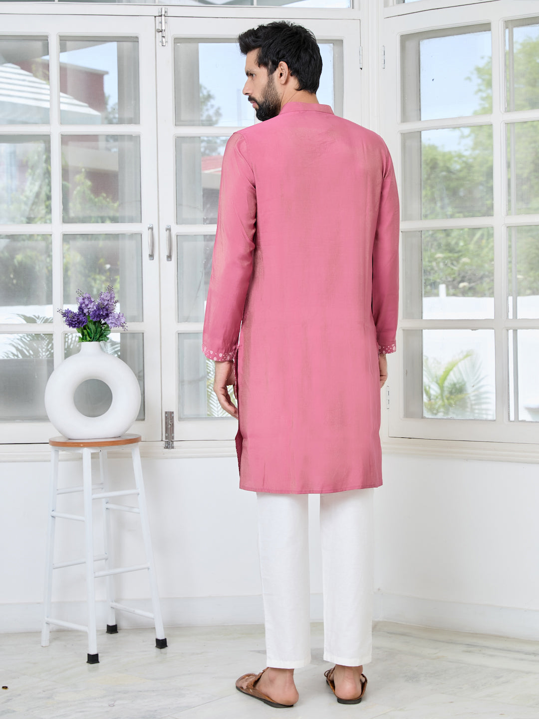 Men Plum Embossed and Foil Kurta