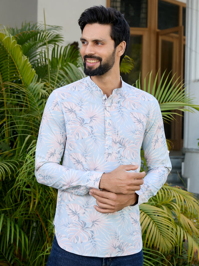 Men Blue-Pink Tropical Printed Rayon Short Kurta