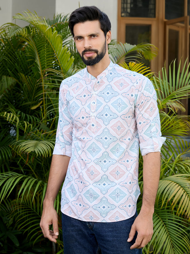 Men Geometric Rayon Short Kurta