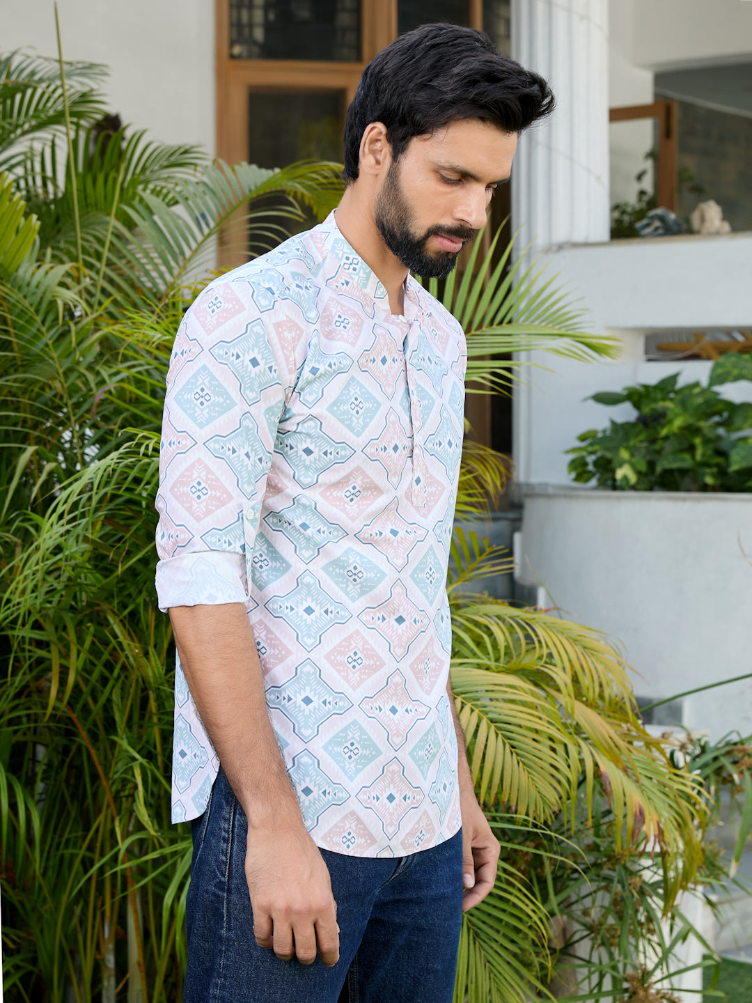Men Geometric Rayon Short Kurta