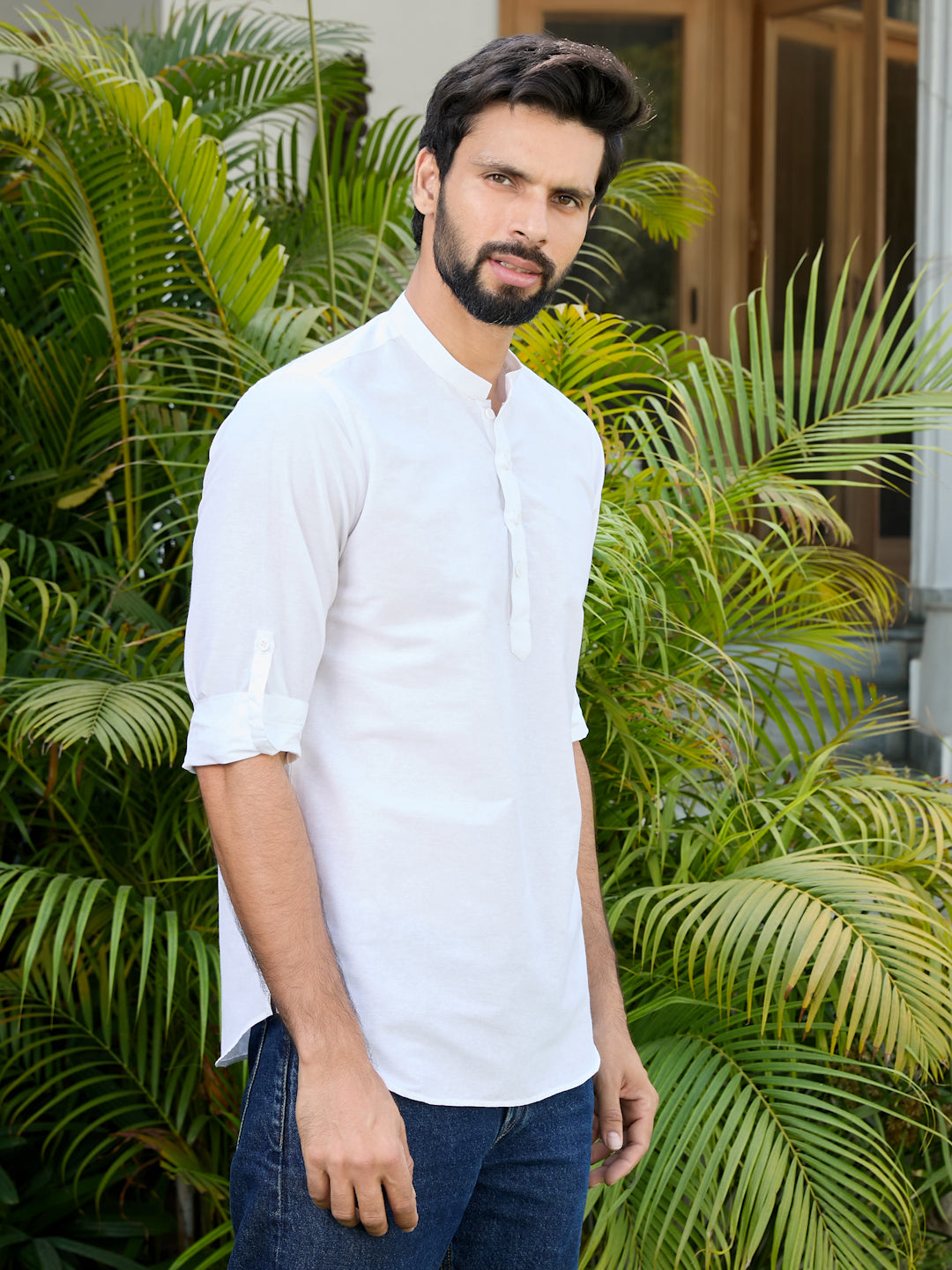 Men White Deluxe Cotton Short Kurta
