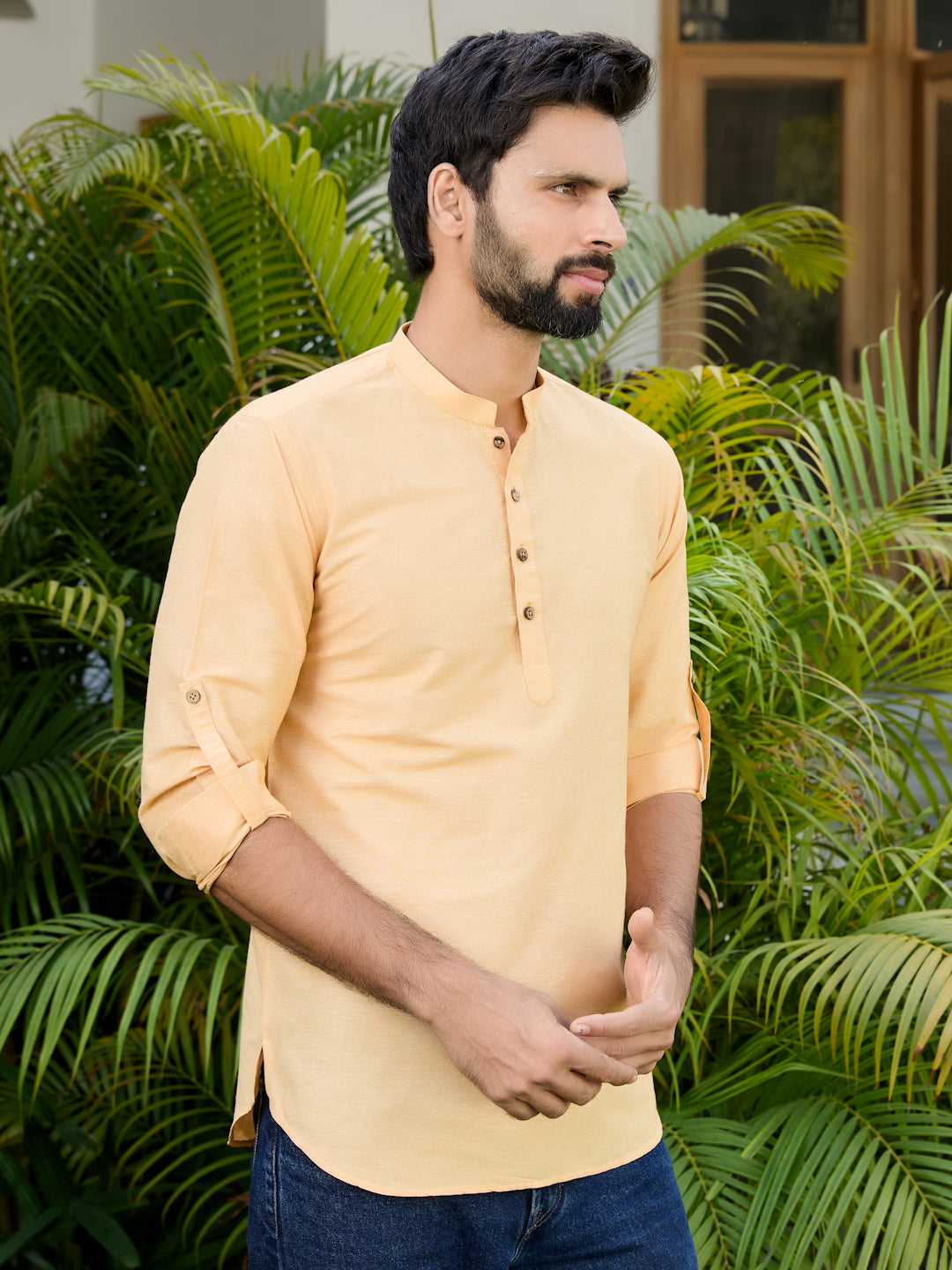 Men Yellow Deluxe Cotton Short Kurta