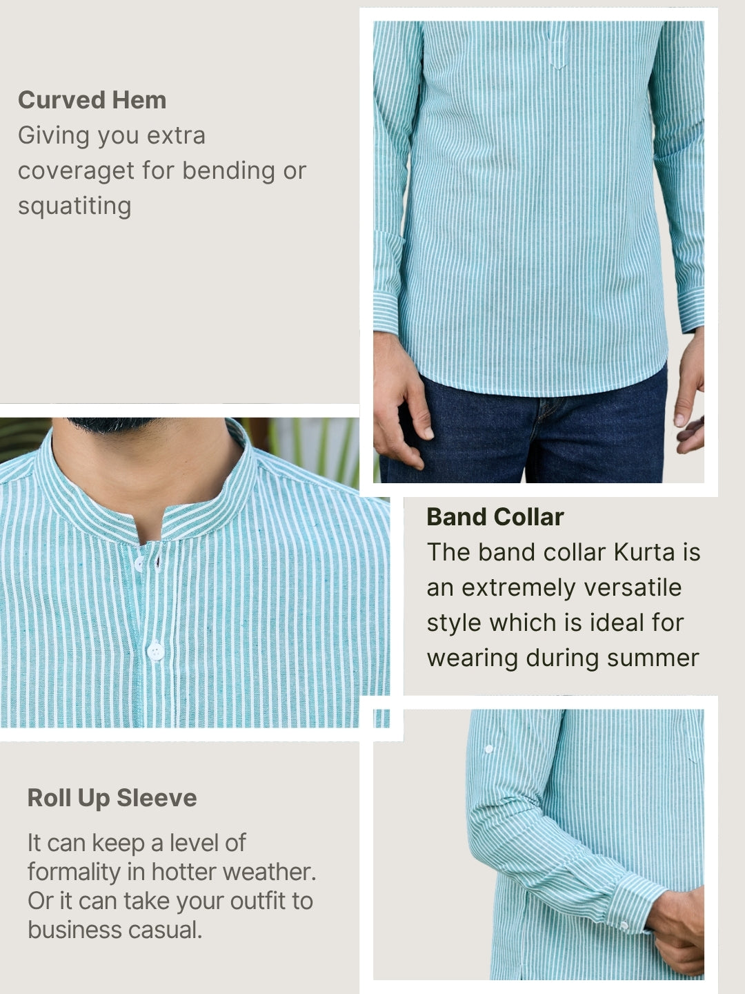 Men Green Woven Striped Cotton Short Kurta