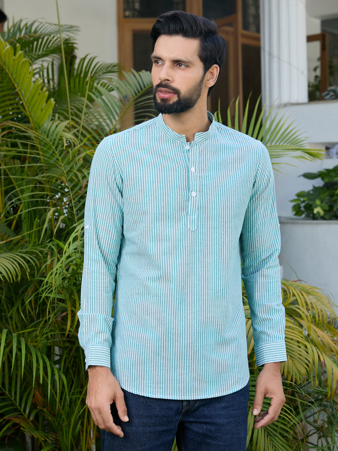 Men Green Woven Striped Cotton Short Kurta