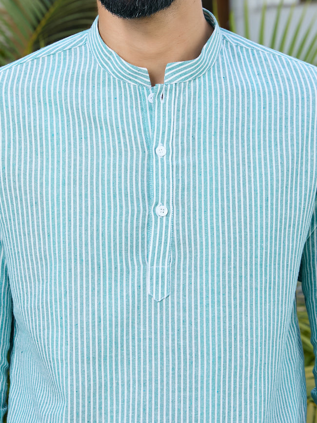 Men Green Woven Striped Cotton Short Kurta