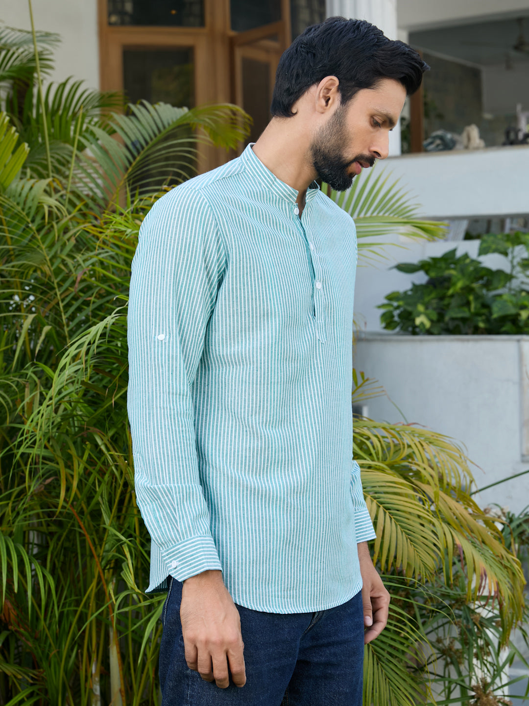 Men Green Woven Striped Cotton Short Kurta