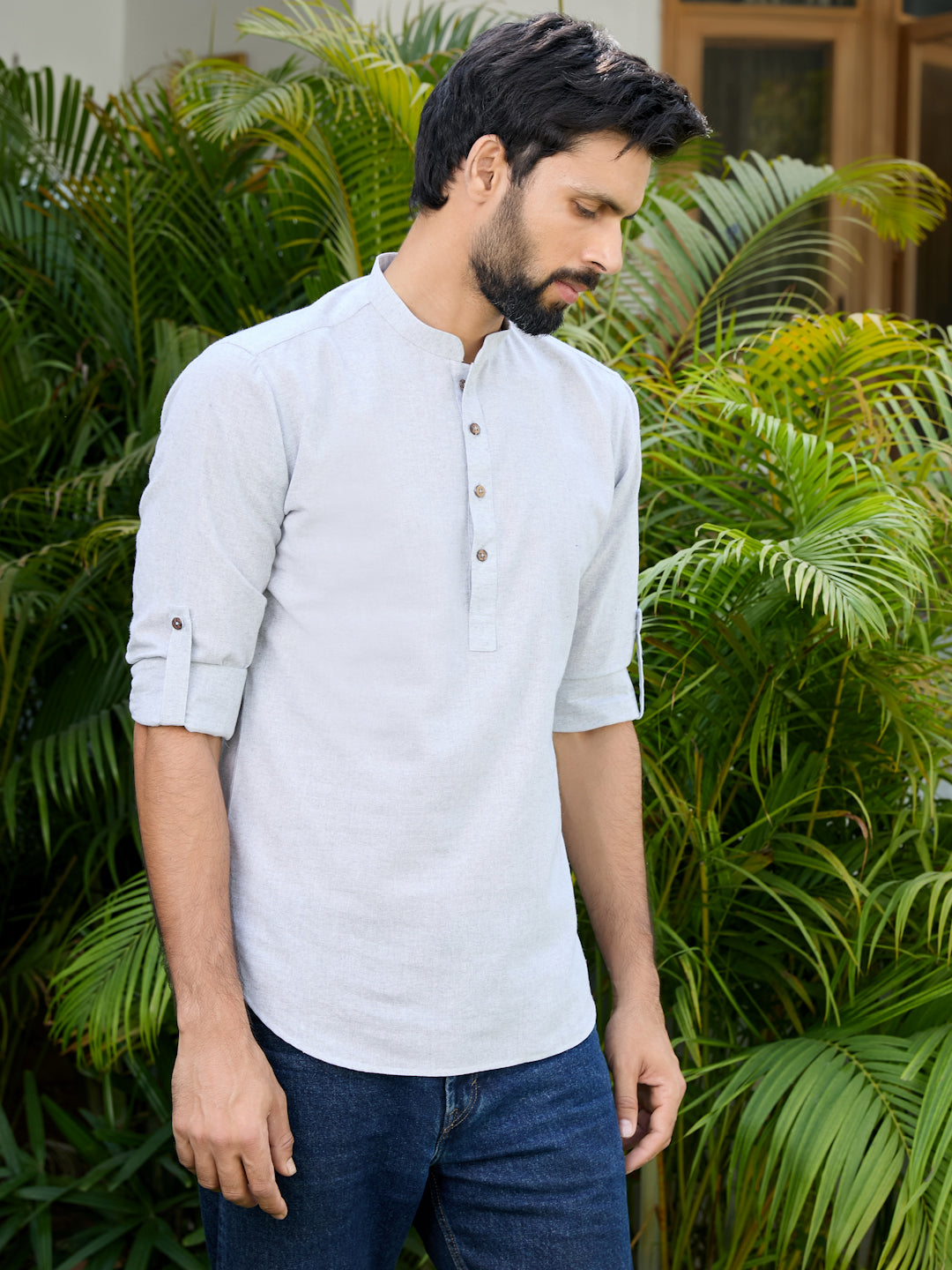 Men Gray Pure Cotton Short Kurta