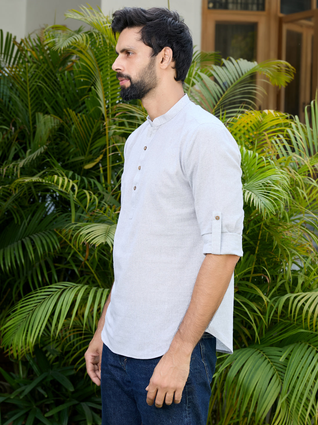 Men Gray Pure Cotton Short Kurta