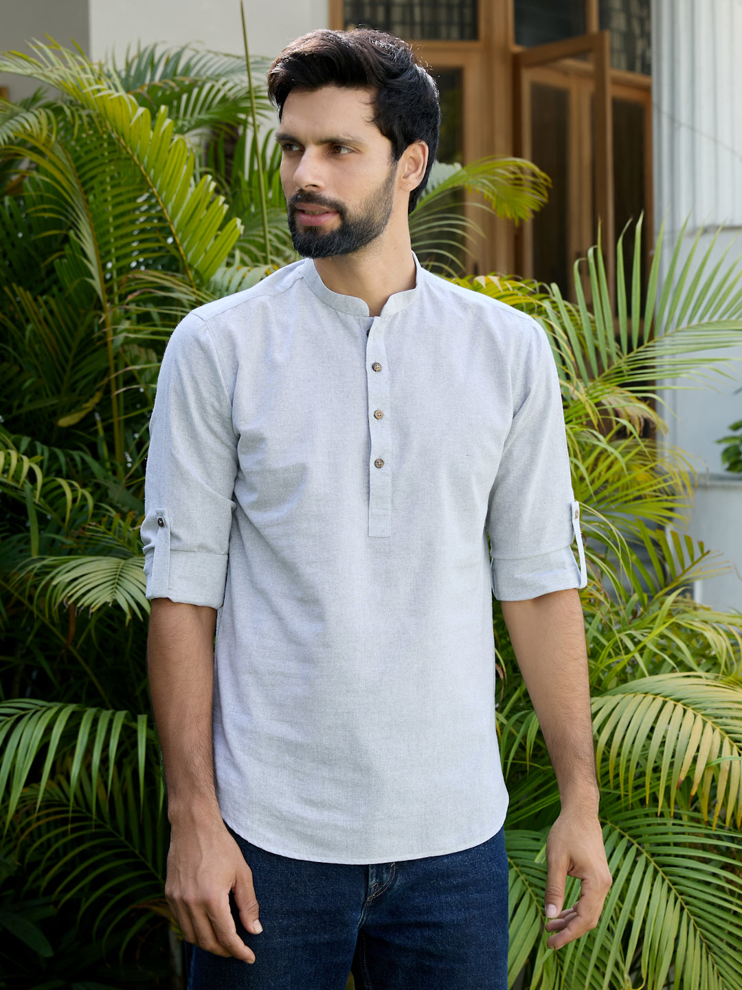 Men Gray Pure Cotton Short Kurta
