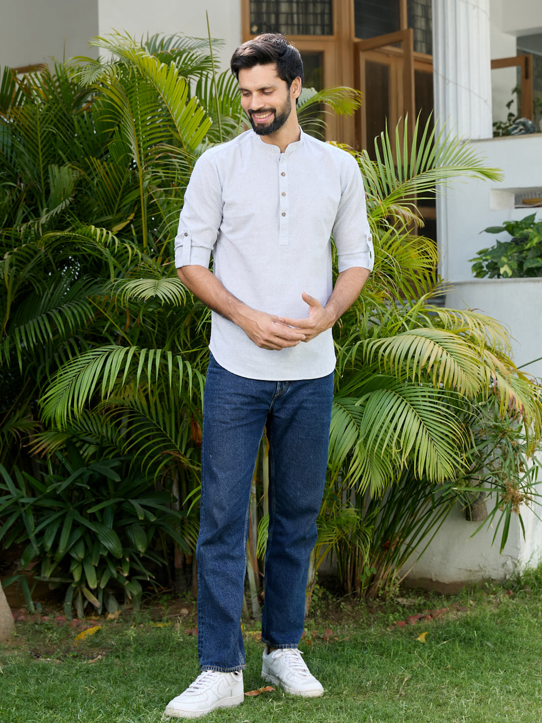 Men Gray Pure Cotton Short Kurta
