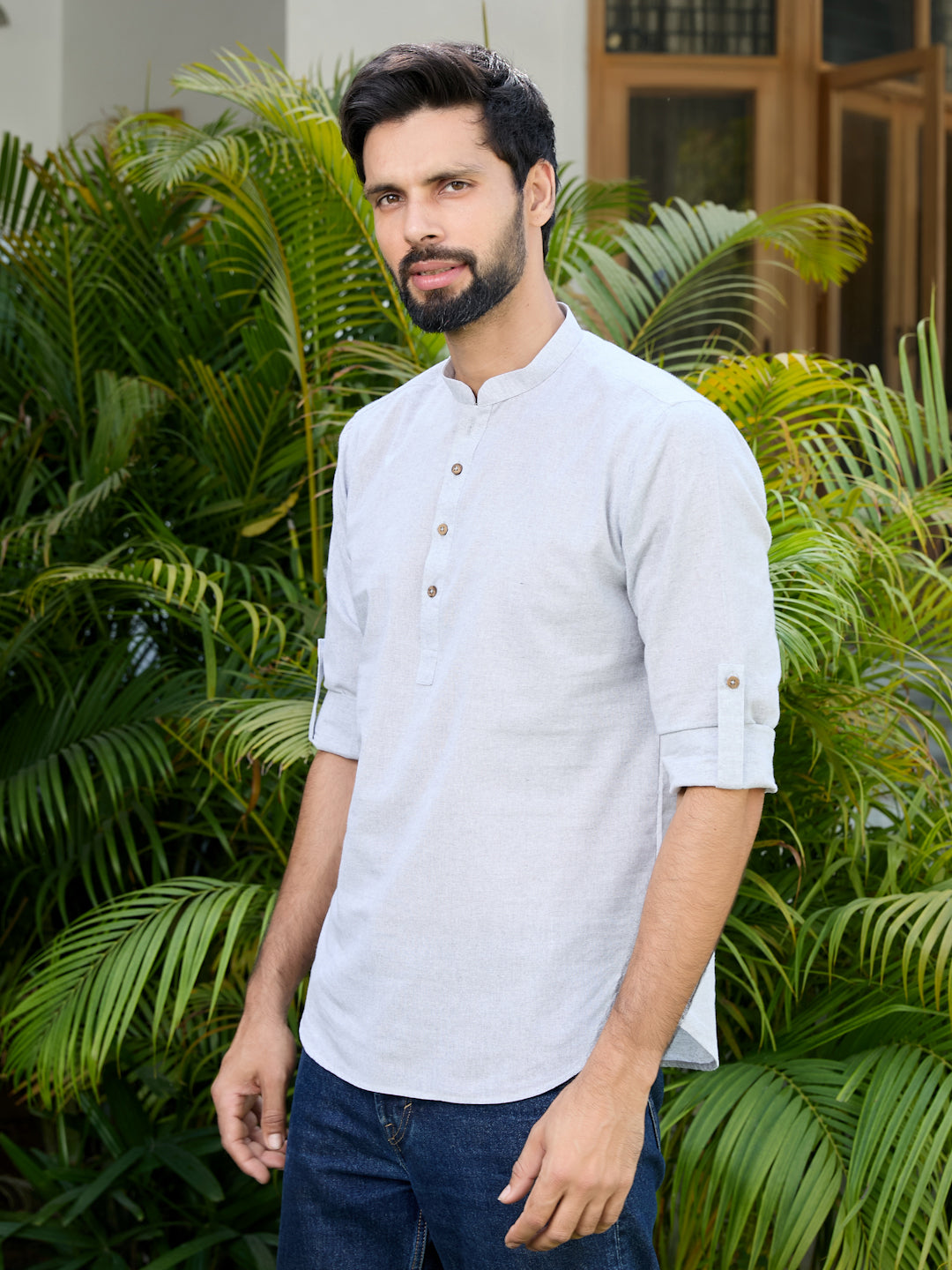 Men Gray Pure Cotton Short Kurta