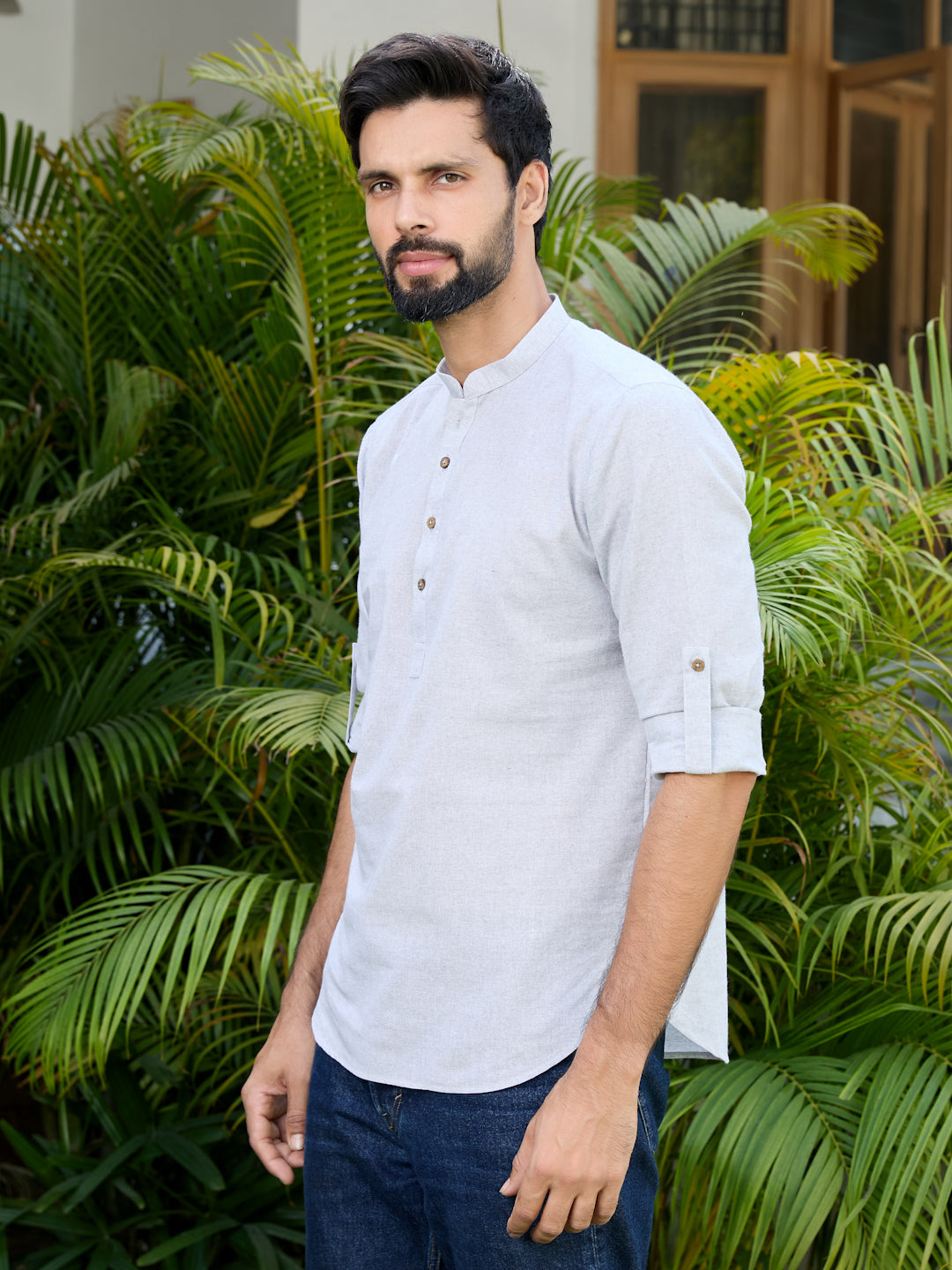 Men Gray Pure Cotton Short Kurta
