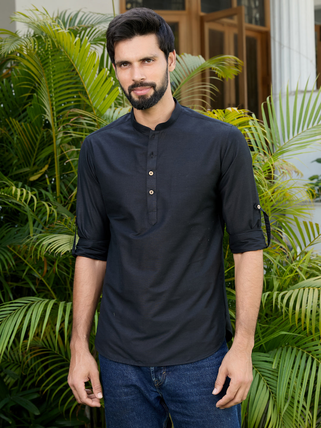 Men Black Deluxe Cotton Short Kurta