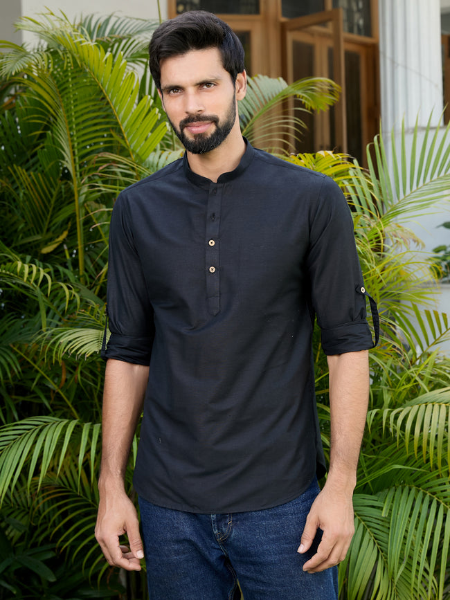 Men Black Deluxe Cotton Short Kurta
