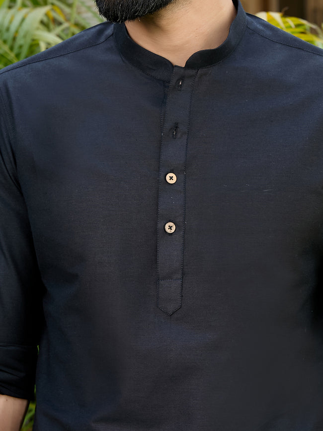 Men Black Deluxe Cotton Short Kurta